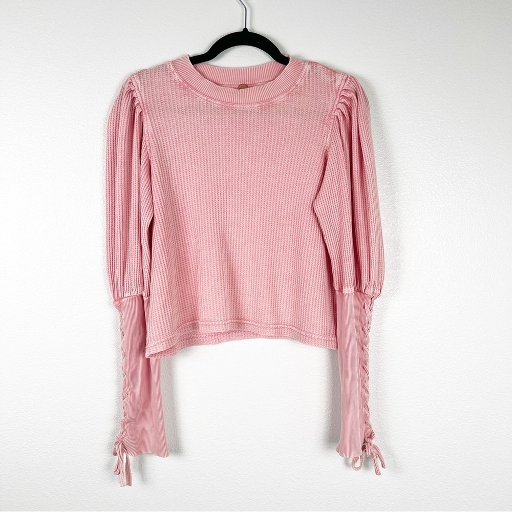 Free People FP One Tasha Puff Sleeve Thermal Top Pink Lace Up XS - Picture 8 of 8